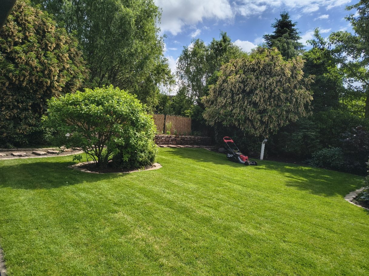 Gartenpflege Ahaus – frisch gemähter Rasen mit Natursteinweg